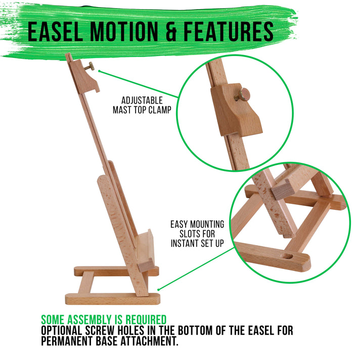 16" Mini Tabletop Wooden H-Frame Studio Easel - Artists Adjustable Beechwood Painting and Display Easel, Holds Up To 12" Canvas, Portable Sturdy Table