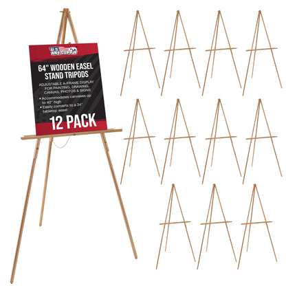 64" Wooden Easel Stand (12 Pack) - Adjustable A-Frame Tripod for Painting, Drawing, Photos & Signs - Lightweight Easels, Wood Easel Stand for Sign Wedding Display 40" Canvas Capacity