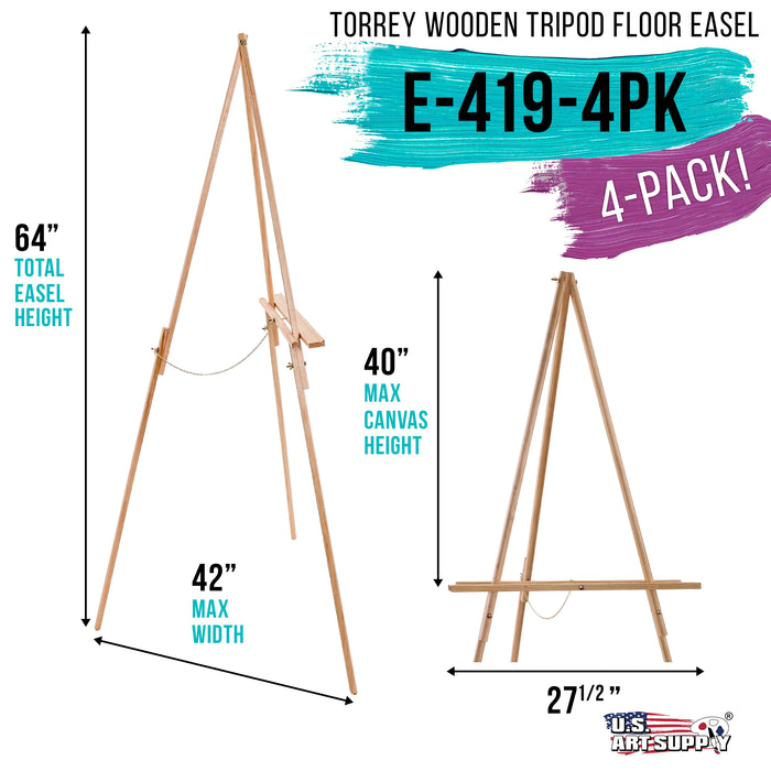 64" High Torrey Wooden A-Frame Tripod Studio Artist Floor Easel, 4 Pack - Adjustable Tray Height, Holds 40" Canvas - Wood Display Holder Stand