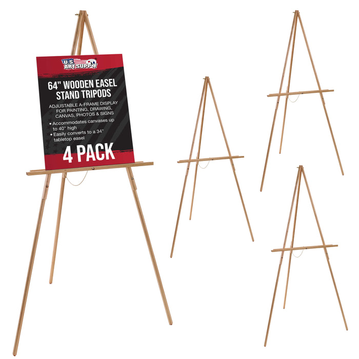 4-Pack 64" Wooden Easel Stand Tripods - Adjustable A-Frame Display, Painting, Drawing, Canvas, Photos & Signs - Lightweight Pinewood Studio Easel Adjustable Tray & 40" Canvas Capacity