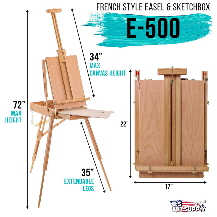 Coronado Large Wooden French Style Field & Studio Sketchbox Easel with Artist Drawer, Palette, Premium Beechwood - Adjustable Wood Tripod Easel Stand