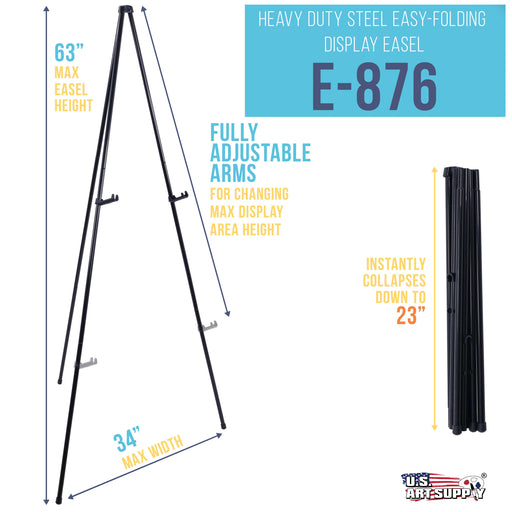 63" High Heavy Duty Steel Easy-Folding Display Easel - Instantly Collapses, Adjustable Height Display Holders - Portable Tripod Stand, Event Signs