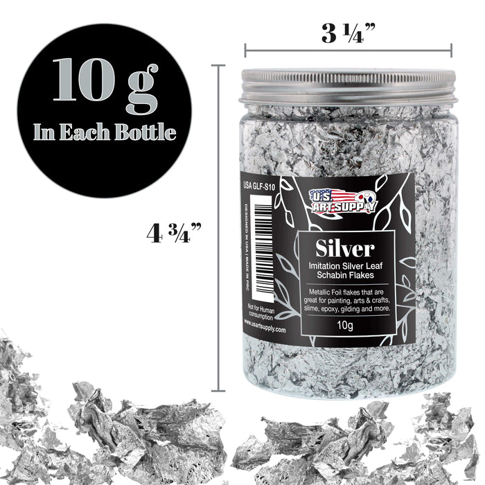 U.S. Art Supply Metallic Foil Schabin Gilding Imitation Silver Leaf Flakes, 10 Gram Bottle - Gild Picture Frames, Decorate Epoxy Resin, Nails, Jewelry