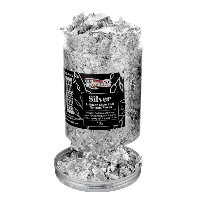 U.S. Art Supply Metallic Foil Schabin Gilding Imitation Silver Leaf Flakes, 10 Gram Bottle - Gild Picture Frames, Decorate Epoxy Resin, Nails, Jewelry