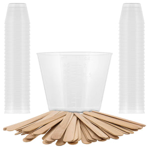 2 Oz (60 ml) Liquid Measuring Cups - Plastic Graduated Cup (50 Pack) with 25 Sticks - Reusable Mixing Cups for Paint, Craft, Kitchen, Lab, Medical Supplies, Epoxy Resin, Art
