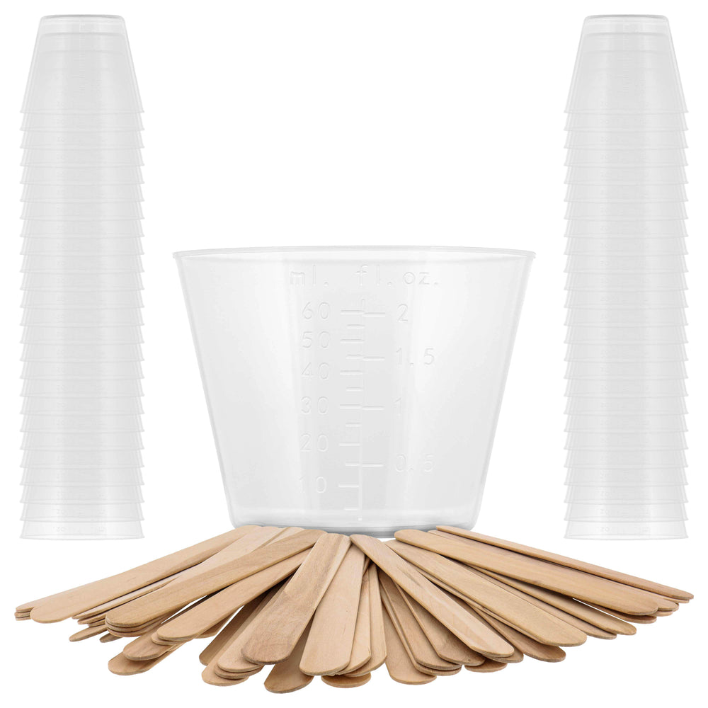 2 Oz (60 ml) Liquid Measuring Cups - Plastic Graduated Cup (50 Pack) with 25 Sticks - Reusable Mixing Cups for Paint, Craft, Kitchen, Lab, Medical Supplies, Epoxy Resin, Art