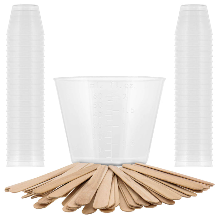 2 Oz (60 ml) Liquid Measuring Cups - Plastic Graduated Cup (50 Pack) with 25 Sticks - Reusable Mixing Cups for Paint, Craft, Kitchen, Lab, Medical Supplies, Epoxy Resin, Art