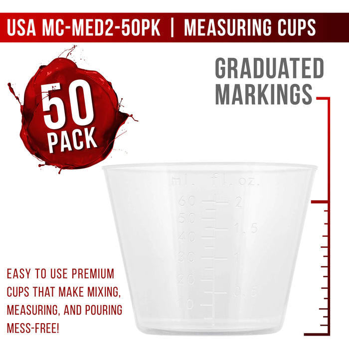 Pouring Masters 2 Ounce (60ml) Graduated Plastic Measuring Cups (50 Clear Cups & 25 Mixing Sticks) - OZ, ML Measurements, Acrylic Paint, Resin, Epoxy