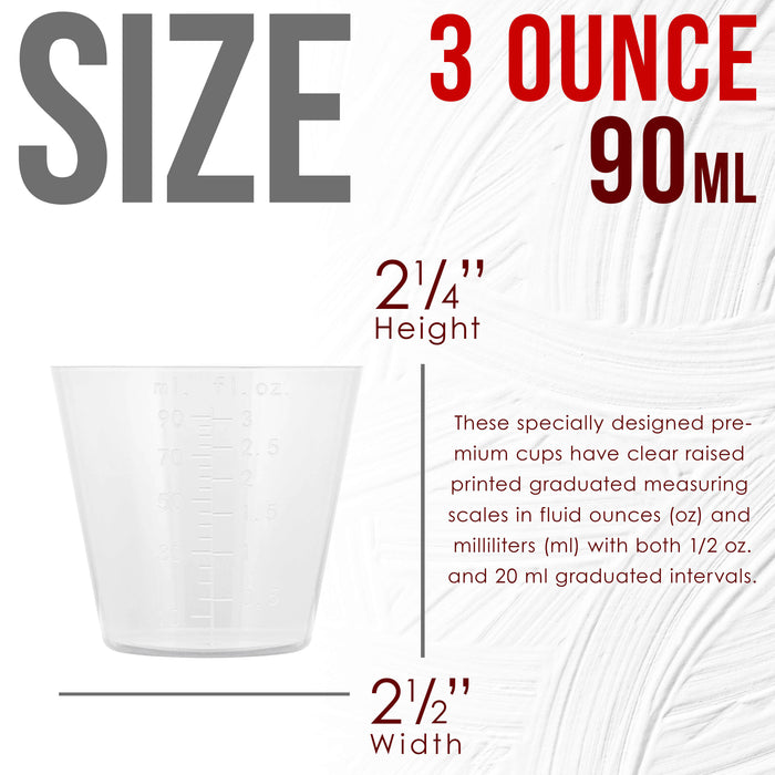 Pouring Masters 3 Ounce (90ml) Graduated Plastic Measuring Cups (100 Clear Cups & 25 Mixing Sticks) - OZ, ML Measurements, Acrylic Paint, Resin, Epoxy