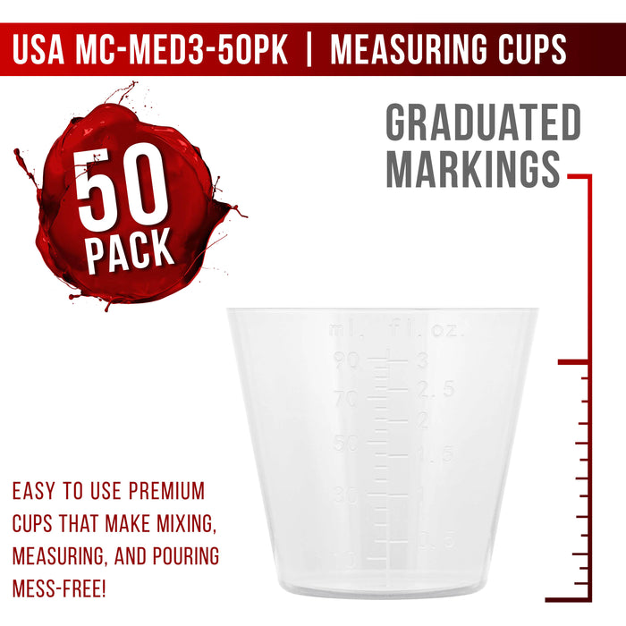 Pouring Masters 3 Ounce (90ml) Graduated Plastic Measuring Cups (50 Clear Cups & 25 Mixing Sticks) - OZ, ML Measurements, Acrylic Paint, Resin, Epoxy