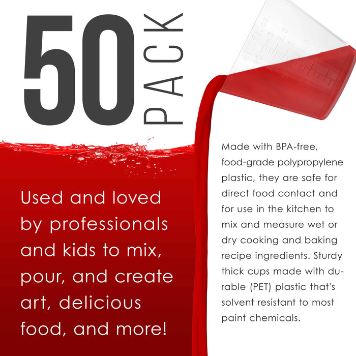 3 Oz (90 ml) Liquid Measuring Cups - Plastic Graduated Cup (50 Pack) with 25 Sticks - Reusable Mixing Cups for Paint, Craft, Kitchen, Lab, Medical Supplies, Epoxy Resin, Art