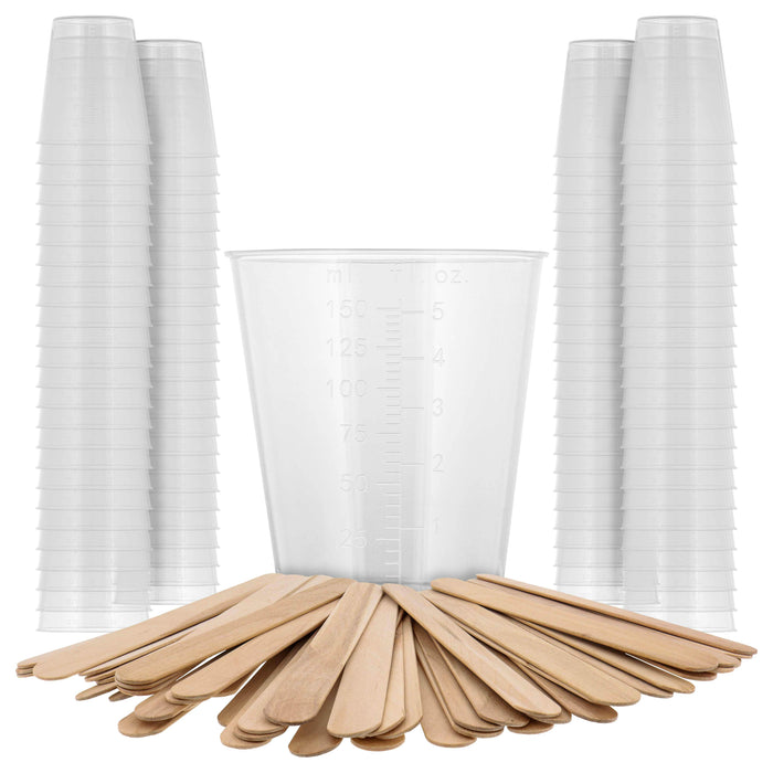5 Oz (150 ml) Liquid Measuring Cups - Plastic Graduated Cup (100 Pack) with 25 Sticks - Reusable Mixing Cups for Paint, Craft, Kitchen, Lab, Medical Supplies, Epoxy Resin, Art