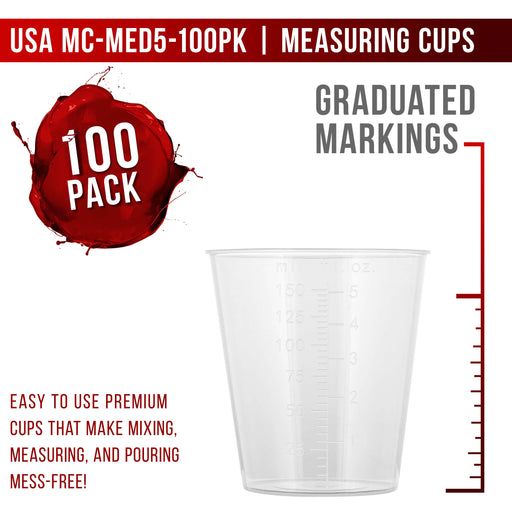 Pouring Masters 5 Ounce (150ml) Graduated Plastic Measuring Cups (100 Clear Cups & 25 Mixing Sticks) - OZ, ML Measurements, Acrylic Paint, Resin Epoxy