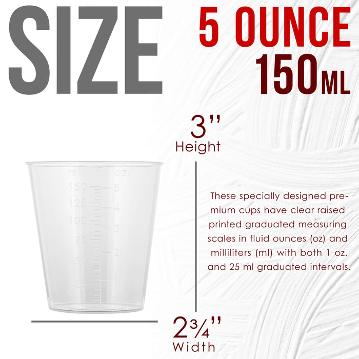 5 Oz (150 ml) Liquid Measuring Cups - Plastic Graduated Cup (100 Pack) with 25 Sticks - Reusable Mixing Cups for Paint, Craft, Kitchen, Lab, Medical Supplies, Epoxy Resin, Art