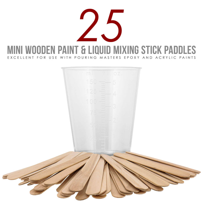 Pouring Masters 5 Ounce (150ml) Graduated Plastic Measuring Cups (50 Clear Cups & 25 Mixing Sticks) - OZ, ML Measurements, Acrylic Paint, Resin, Epoxy