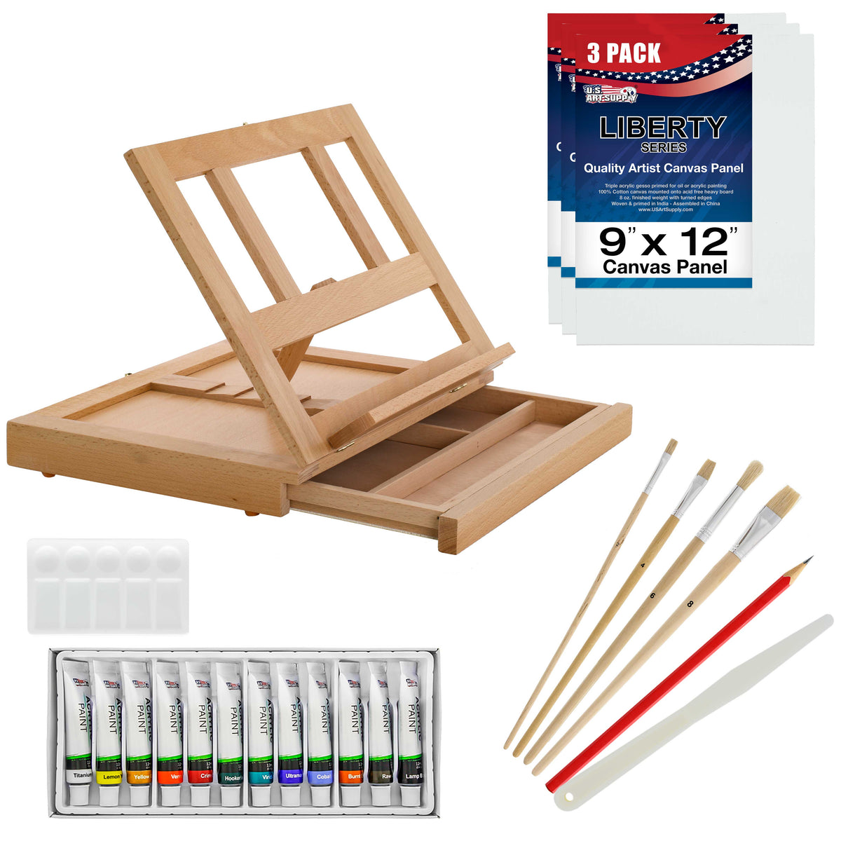 Artist Painting Set with Wood Desk Table Easel 12 Acrylic Paint Colors — U.S.  Art Supply