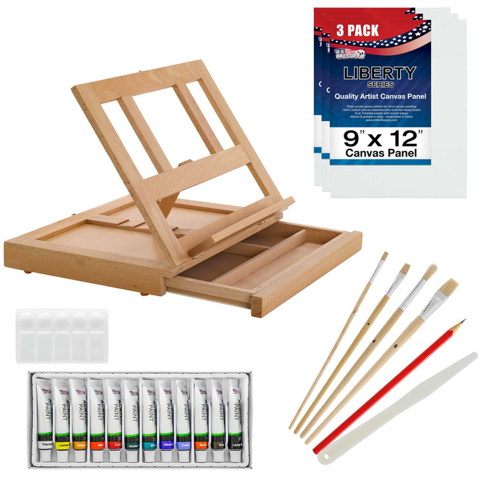 U.S. Art Supply Artist Acrylic Painting Set with Wood Desk Table Easel - 12 Vivid Acrylic Paint Colors, 4 Brushes, 3 Canvas Panels, Painting Palette