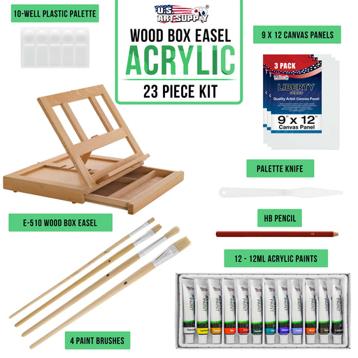 U.S. Art Supply 21-Piece Artist Acrylic Painting Set with Wooden H-Frame  Studio Easel, 12 Vivid Acrylic Paint Colors, Stretched Canvas, 6 Brushes,  Painting Palette - Kids Students, Adults, Starter Kit 