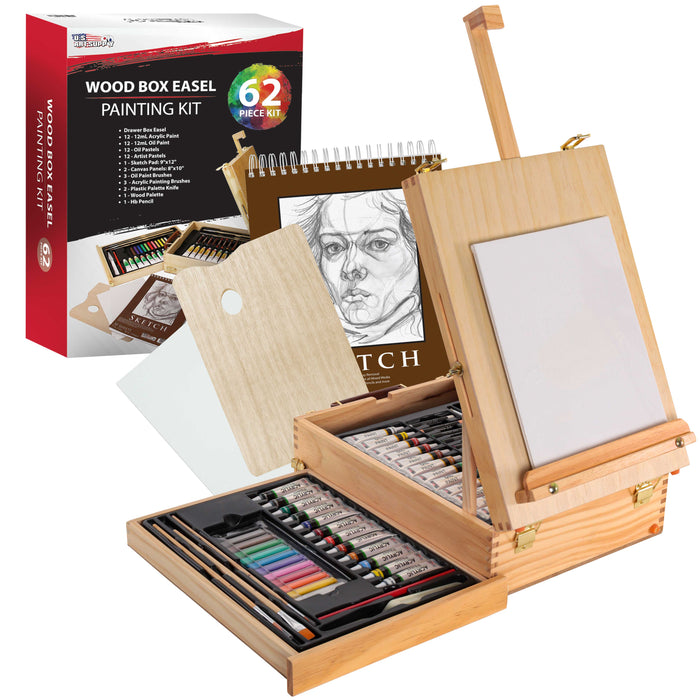 U.S. Art Supply 62-Piece Artist Painting Set with Wood Box Easel, 12 Acrylic & 12 Oil Paint Colors, 12 Oil & 12 Artist Pastels, 6 Brushes, 2 Canvases