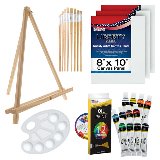 U.S. Art Supply 28-Piece Artist Oil Painting Set with 12 Vivid Oil Paint Colors, 12" Easel, 3 Canvas Panels, 10 Brushes, Painting Palette - Students