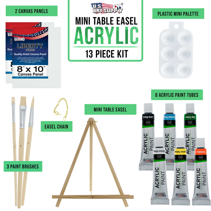U.S. Art Supply 13-Piece Artist Painting Set with 6 Vivid Acrylic Paint Colors, 12" Easel, 2 Canvas Panels, 3 Brushes, Painting Palette - Beginners