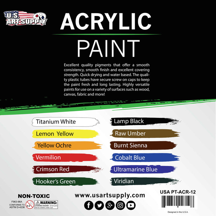 U.S. Art Supply Professional 12 Color Set of Acrylic Paint in 12ml Tubes - Rich Vivid Colors for Artists, Students, Beginners, Kids, Adults - Canvas