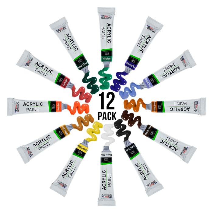 U.S. Art Supply Professional 12 Color Set of Acrylic Paint in 12ml Tubes - Rich Vivid Colors for Artists, Students, Beginners, Kids, Adults - Canvas