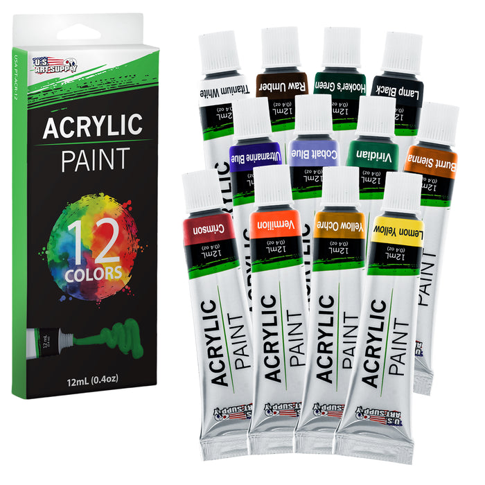 U.S. Art Supply Professional 12 Color Set of Acrylic Paint in 12ml Tubes - Rich Vivid Colors for Artists, Students, Beginners, Kids, Adults - Canvas