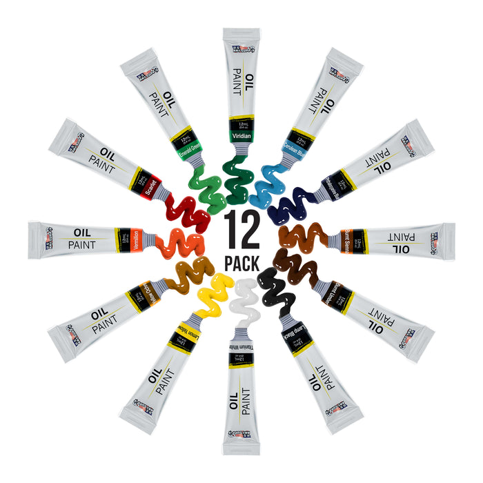Professional 12 Color Set of Art Oil Paint in 12ml Tubes - Rich Vivid Colors for Artists, Students, Beginners - Canvas Portrait Paintings