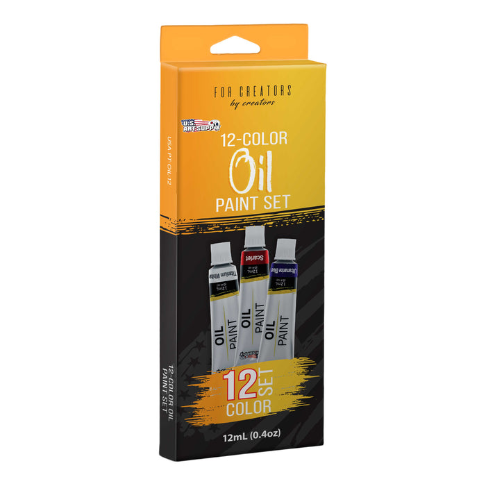 Professional Oil Paint Set - 12 Vibrant Colors in 12ml Tubes for Canvas, Wood & Art Surfaces - Oil Based Paint for Artists, Adults & Students