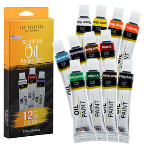 Professional Oil Paint Set - 12 Vibrant Colors in 12ml Tubes for Canvas, Wood & Art Surfaces - Oil Based Paint for Artists, Adults & Students