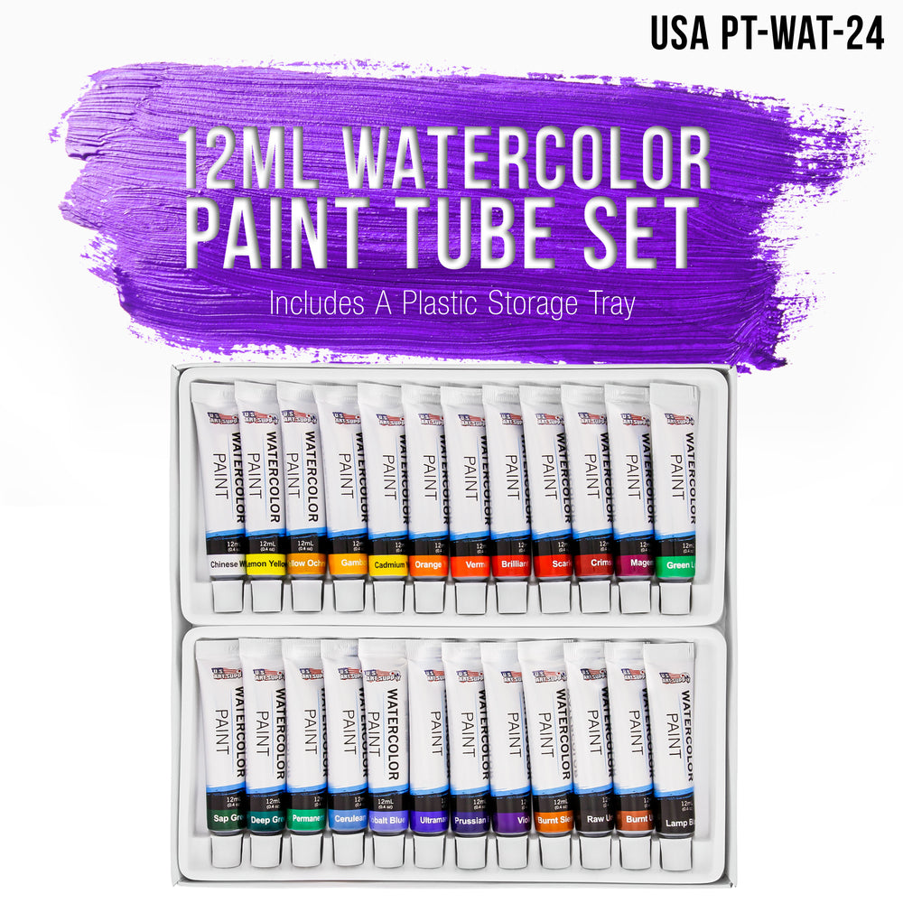 U.S. Art Supply 24-Color Water Colors Paint Set, 12ml Professional Watercolor Tubes, Vibrant Pigments - Water Colors Paint Adult Set for Artists