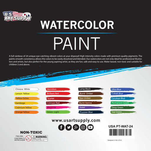 U.S. Art Supply 24-Color Water Colors Paint Set, 12ml Professional Watercolor Tubes, Vibrant Pigments - Water Colors Paint Adult Set for Artists