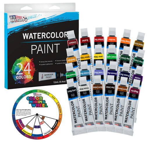U.S. Art Supply 24-Color Water Colors Paint Set, 12ml Professional Watercolor Tubes, Vibrant Pigments - Water Colors Paint Adult Set for Artists