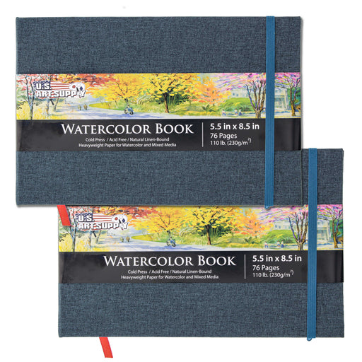U.S. Art Supply 5.5" x 8.5" Watercolor Book, 2 Pack, 76 Sheets, 110 lb - Linen-Bound Hardcover Paper Pads, Acid-Free, Cold-Pressed Painting Sketchbook