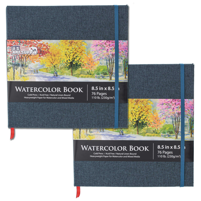 8.5 x 8.5" Watercolor Book (2 Pack, 76 Sheets Each) - 110lb (230 GSM) Linen-Bound Hardcover Artist Paper Pads - Acid-Free Cold-Pressed Watercolor Paper Pad Mixed Media