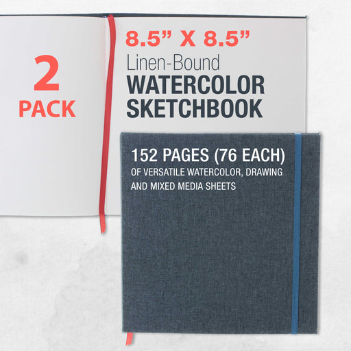 8.5" x 8.5" Watercolor Book (2 Pack, 76 Sheets Each) - 110lb (230 GSM) Linen-Bound Hardcover Artist Paper Pads - Acid-Free Cold-Pressed Watercolor Paper Pad Mixed Media