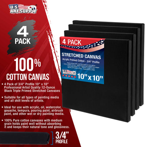 10 x 10 inch Black Stretched Canvas 12-Ounce Primed, 4-Pack - Professional Artist Quality 3/4" Profile, 100% Cotton, Heavy-Weight, Gesso