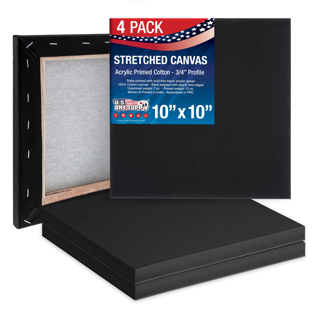 10 x 10 inch Black Stretched Canvas 12-Ounce Primed, 4-Pack - Professional Artist Quality 3/4" Profile, 100% Cotton, Heavy-Weight, Gesso