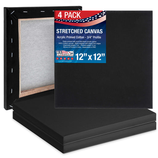 12 x 12 inch Black Stretched Canvas 12-Ounce Primed, 4-Pack - Professional Artist Quality 3/4" Profile, 100% Cotton, Heavy-Weight, Gesso