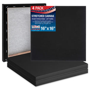 16 x 16 inch Black Stretched Canvas 12-Ounce Primed, 4-Pack - Professional Artist Quality 3/4" Profile, 100% Cotton, Heavy-Weight, Gesso