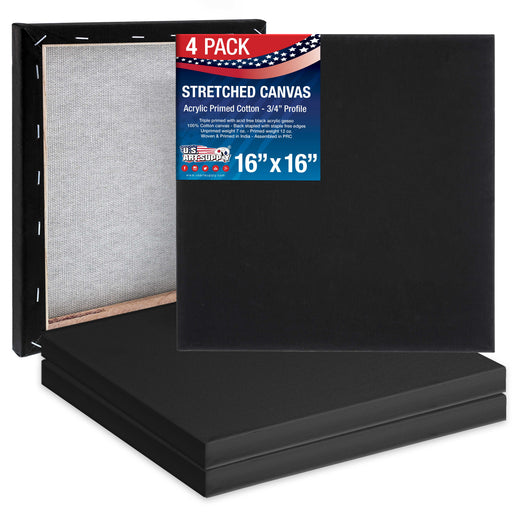 16 x 16 inch Black Stretched Canvas 12-Ounce Primed, 4-Pack - Professional Artist Quality 3/4" Profile, 100% Cotton, Heavy-Weight, Gesso