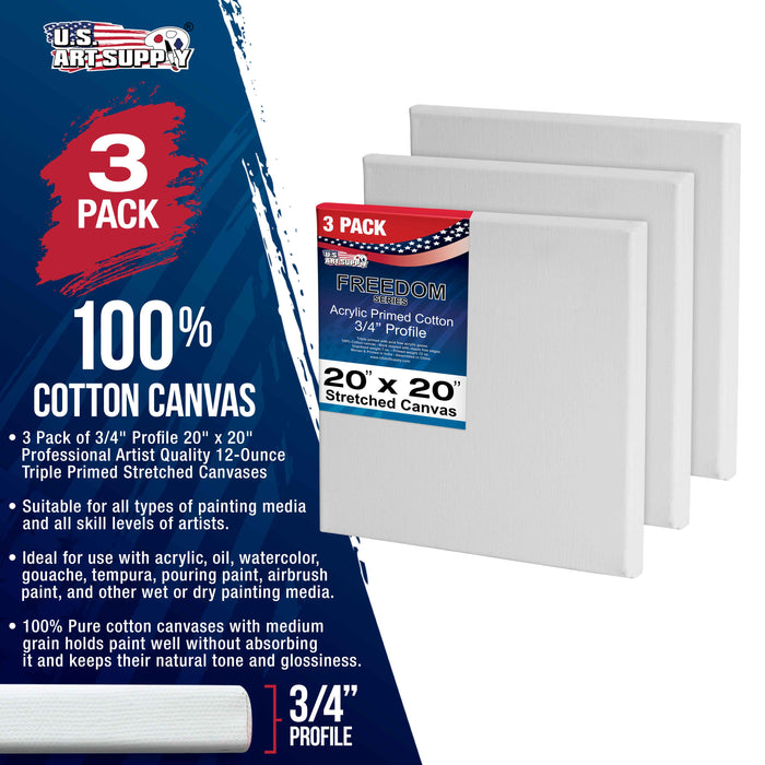 20 x 20 inch Stretched Canvas 12-Ounce Triple Primed, 3-Pack - Professional Artist Quality White Blank 3/4" Profile, 100% Cotton, Heavy-Weight Gesso