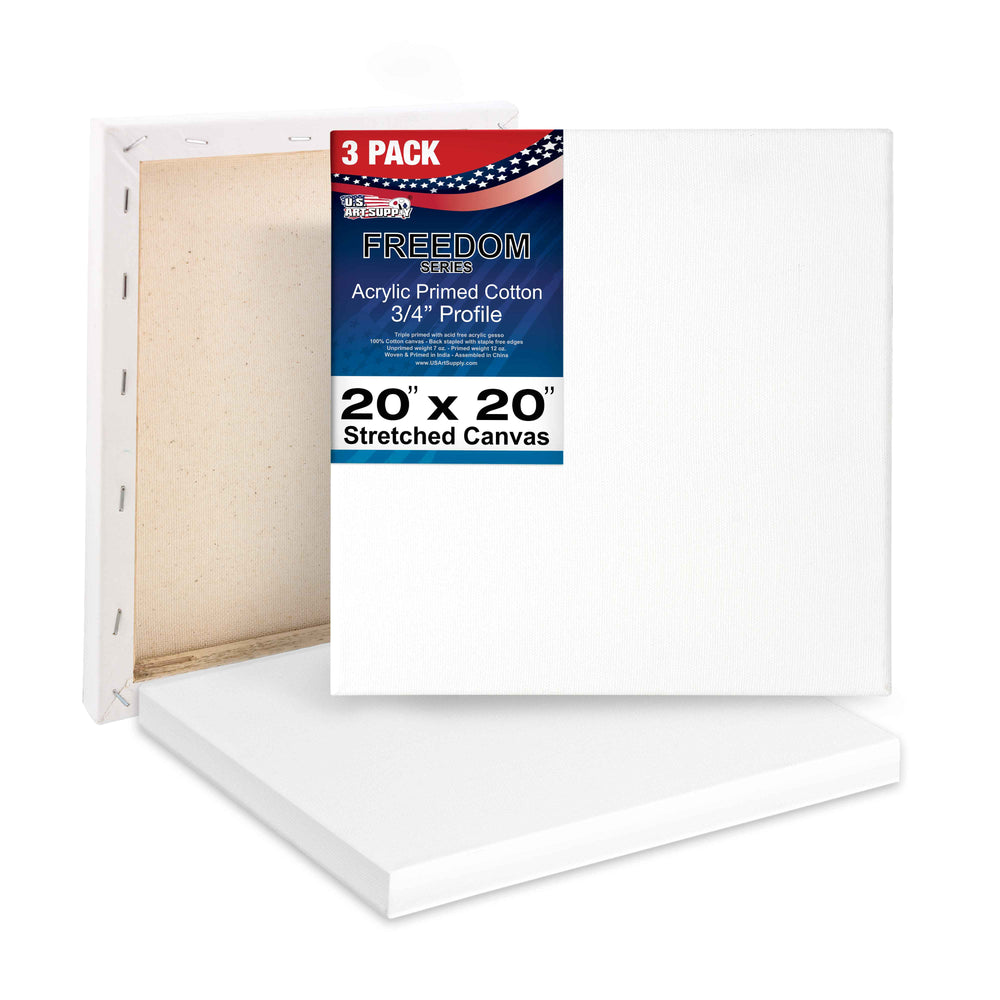 20 x 20 inch Stretched Canvas 12-Ounce Triple Primed, 3-Pack - Professional Artist Quality White Blank 3/4" Profile, 100% Cotton, Heavy-Weight Gesso