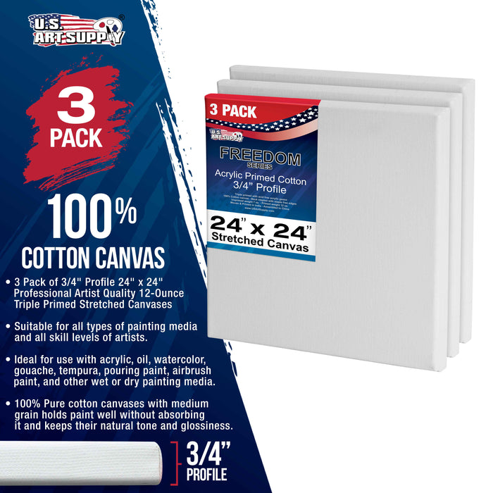 24 x 24 inch Stretched Canvas 12-Ounce Triple Primed, 3-Pack - Professional Artist Quality White Blank 3/4" Profile, 100% Cotton, Heavy-Weight Gesso