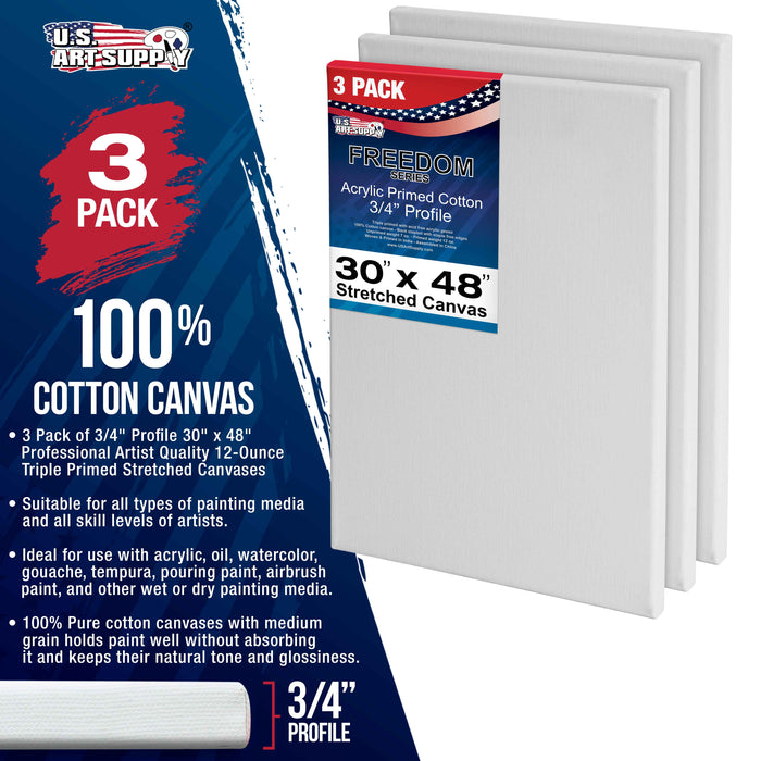 30 x 48 inch Stretched Canvas 12-Ounce Triple Primed, 3-Pack - Professional Artist Quality White Blank 3/4" Profile, 100% Cotton, Heavy-Weight Gesso