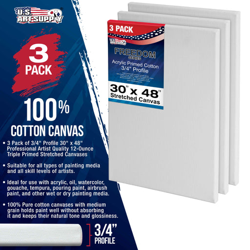 30 x 48 inch Stretched Canvas 12-Ounce Triple Primed, 3-Pack - Professional Artist Quality White Blank 3/4" Profile, 100% Cotton, Heavy-Weight Gesso